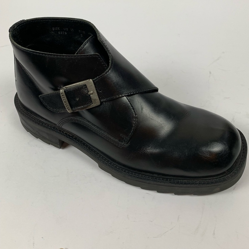 Sketchers Dark Brown Leather Ankle Boots Size 11 Adjustable Strap & Buckle